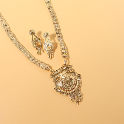Gold-Tone Traditional Necklace Set with Ornate Pendant & Coordinated Drop Earrings