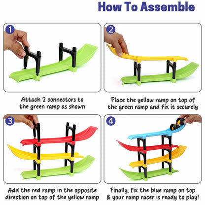 Aditi 4-Layer Colourful Ramp Racer Track Set with 2 Big-Wheel Cars & Connectors – Sturdy ABS Track Toy for Kids