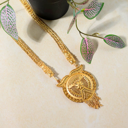 Gold-Tone Designer Necklace Set with Intricate Circular Pendant & Matching Statement Earrings