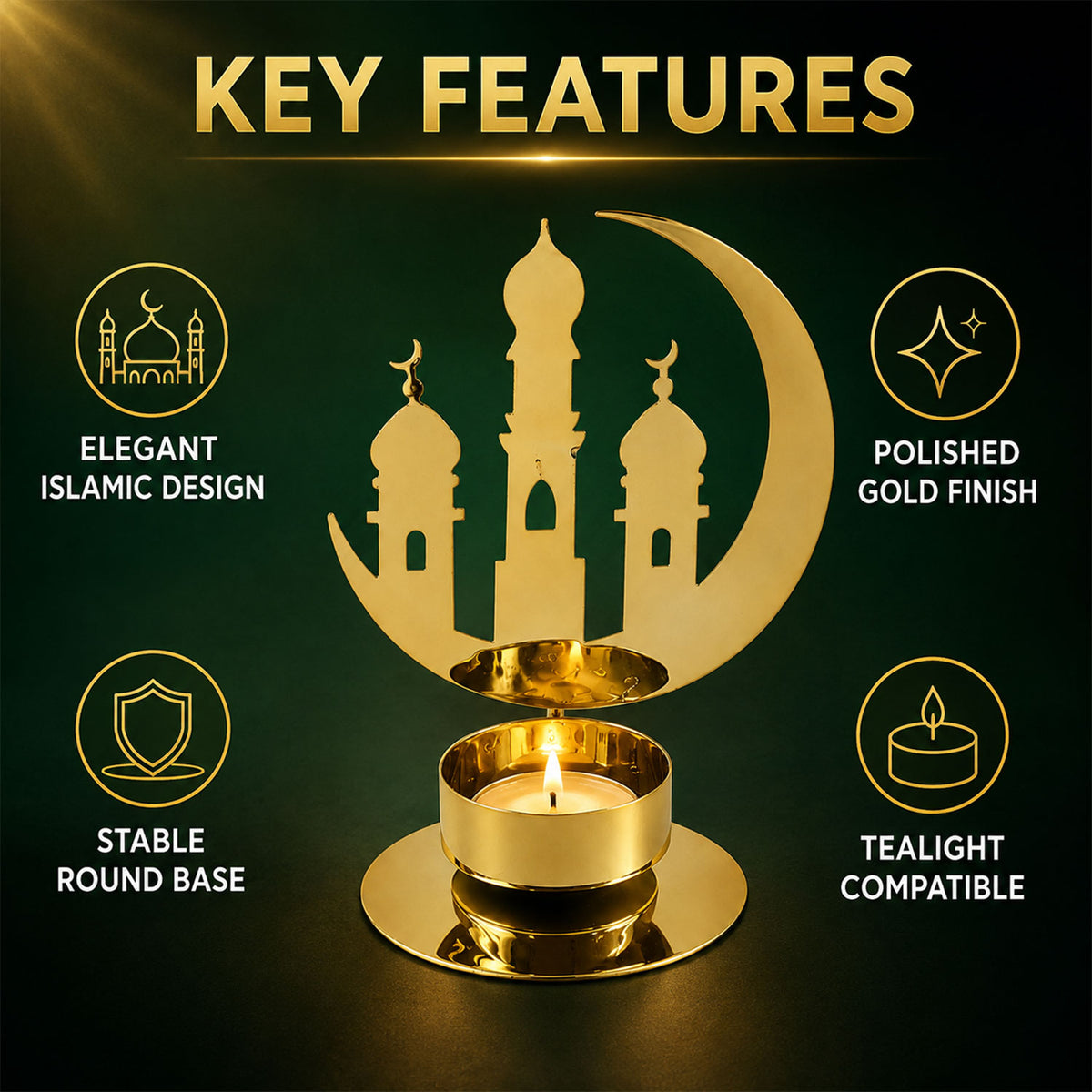 A graphic highlighting key features of the golden crescent mosque incense holder on a dark green background.