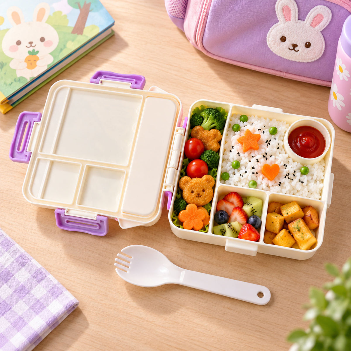 House Shape Plastic Kids Lunch Box with Handle and Spoon Fork (17 x 17 x 6.5 Cm)