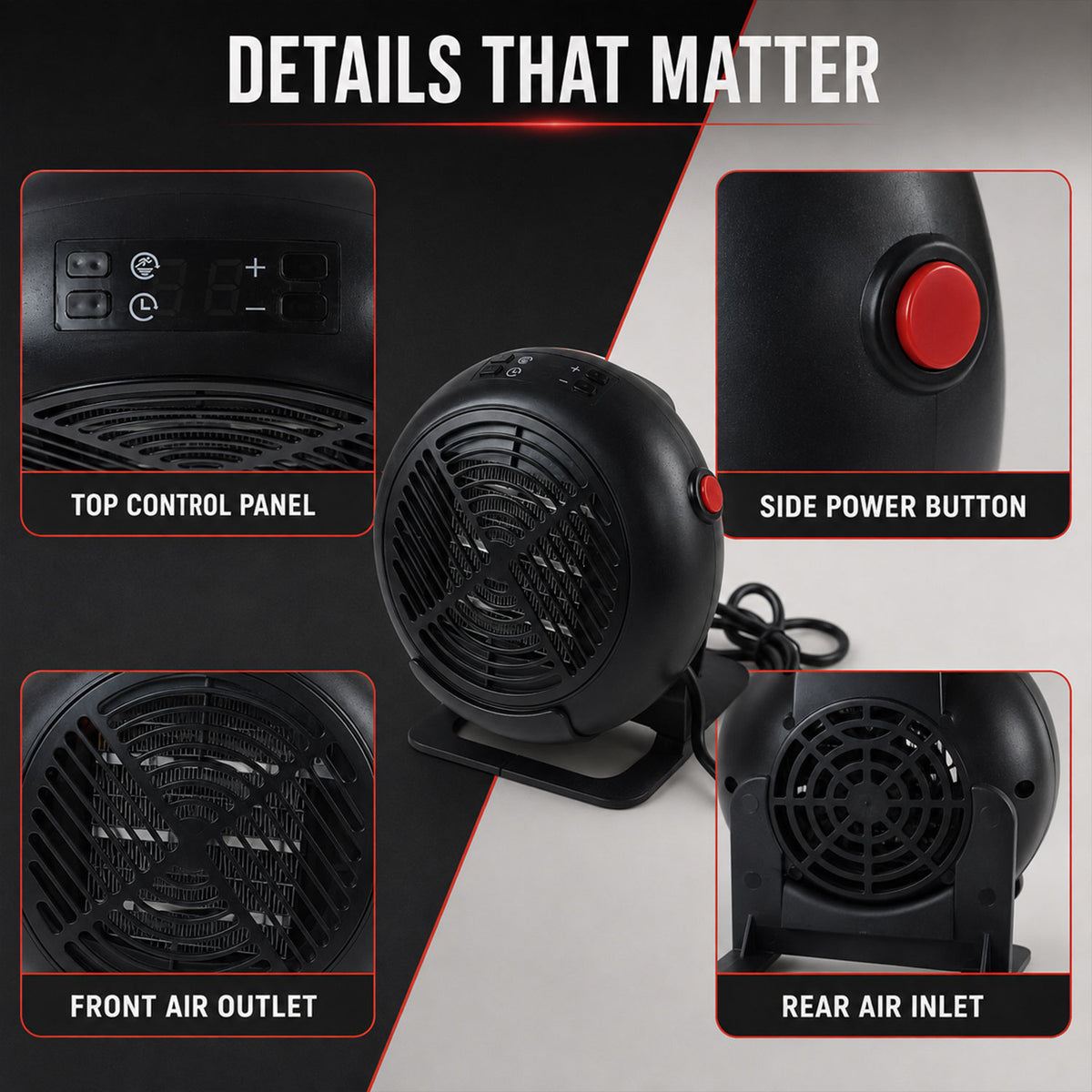 Room heater controls and ventilation details
