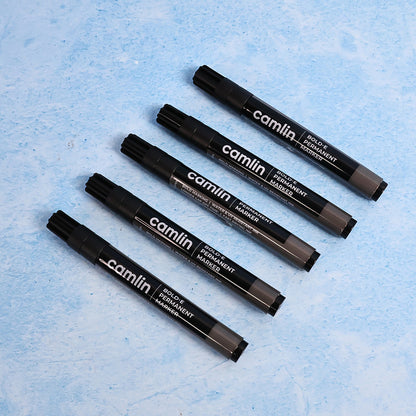 Camlin Bold-E Permanent Marker – Black Colour, Bold & Long-Lasting Ink, Refillable Permanent Markers for Multi-Surfaces – Pack of 10