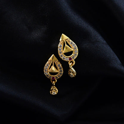 Premium Teardrop Gold Earrings with Cutwork Design & Hanging Stone