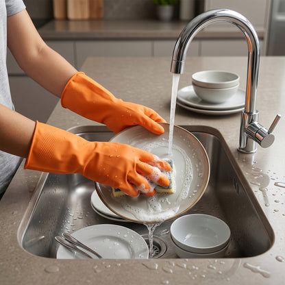 Orange gloves used for kitchen cleaning