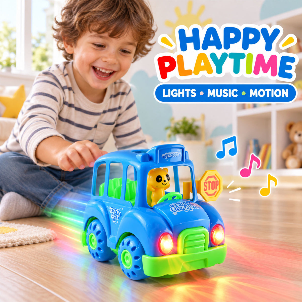 Battery Operated Musical School Bus Toy with Flashing Lights and Motion (1 Pc)