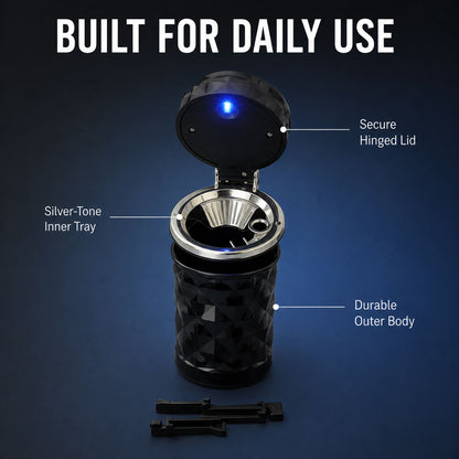 Car Cupholder Ashtray – LED Light, Lid & Portable Bin | Velvet Wheels