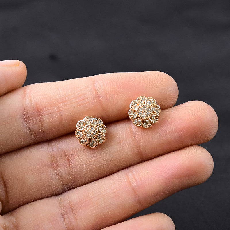 Gold Finish Round Crystal Stud Earrings with Floral Pattern for Women