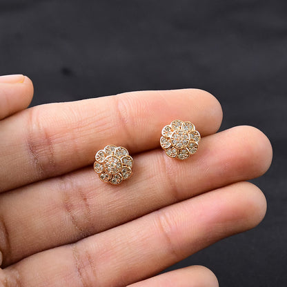 Gold Finish Round Crystal Stud Earrings with Floral Pattern for Women