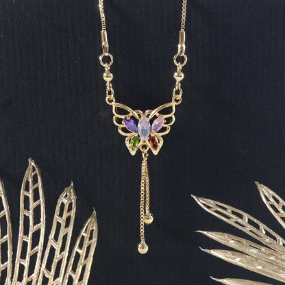 Gold-Plated Butterfly Pendant Necklace with Multicolor Crystals for Women