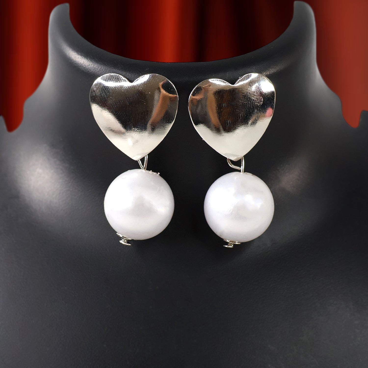 Pearl Heart Earrings White Silver Tone For Women And Girls (1Pc)