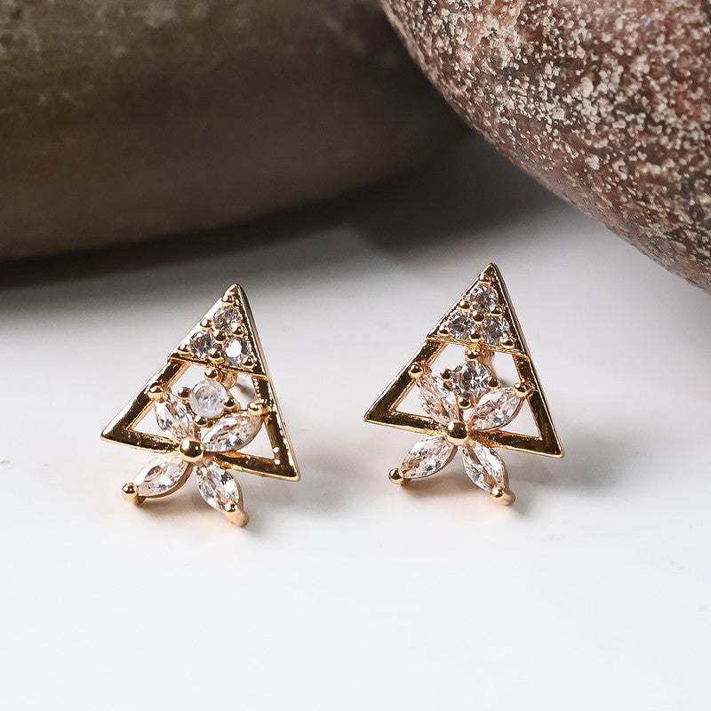 Trendy Triangle Floral Design CZ Stone Stud Earrings for Women