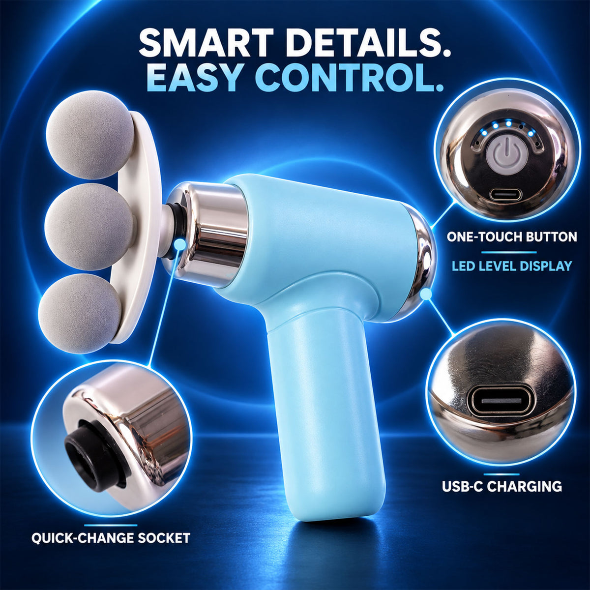 A light blue massage gun with callouts for quick-change socket, one-touch button, LED display, and USB-C charging.