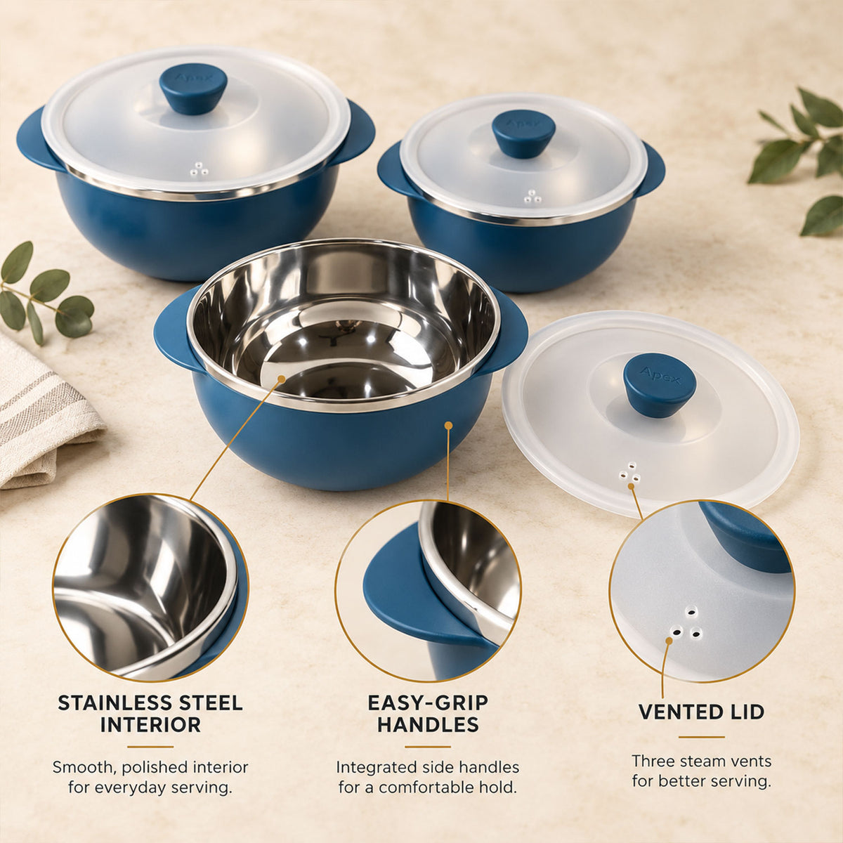 Apex Hot and Serve Serving Bowl Set with Lids, Steel Inner Casserole (3 Pc Set)