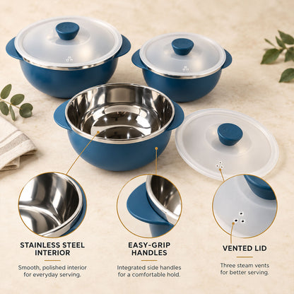 Apex Hot and Serve Serving Bowl Set with Lids, Steel Inner Casserole (3 Pc Set)