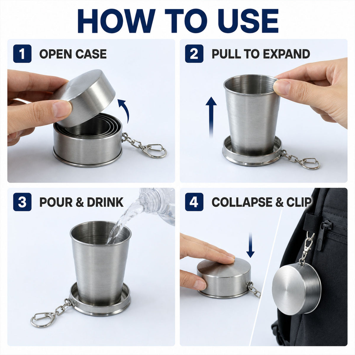 Folding Camping Cup – Stainless Steel Portable with Keychain | hydrozilla