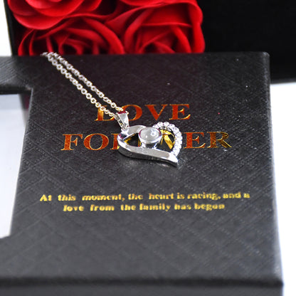 Rose Flower Gift Box, Handmade Eternal Rose with I Love You Necklace, Valentine's Day,