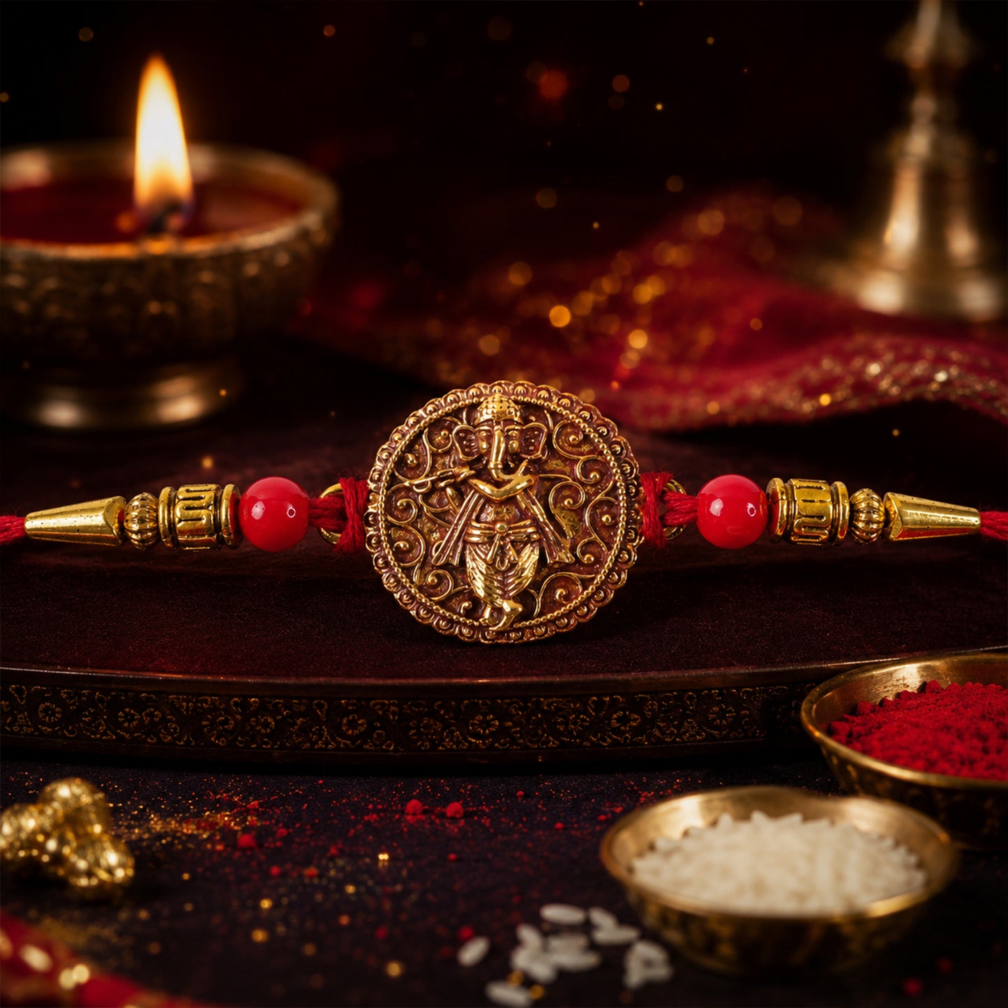 Ganesha Coin Rakhi – Antique Design with Red Beads