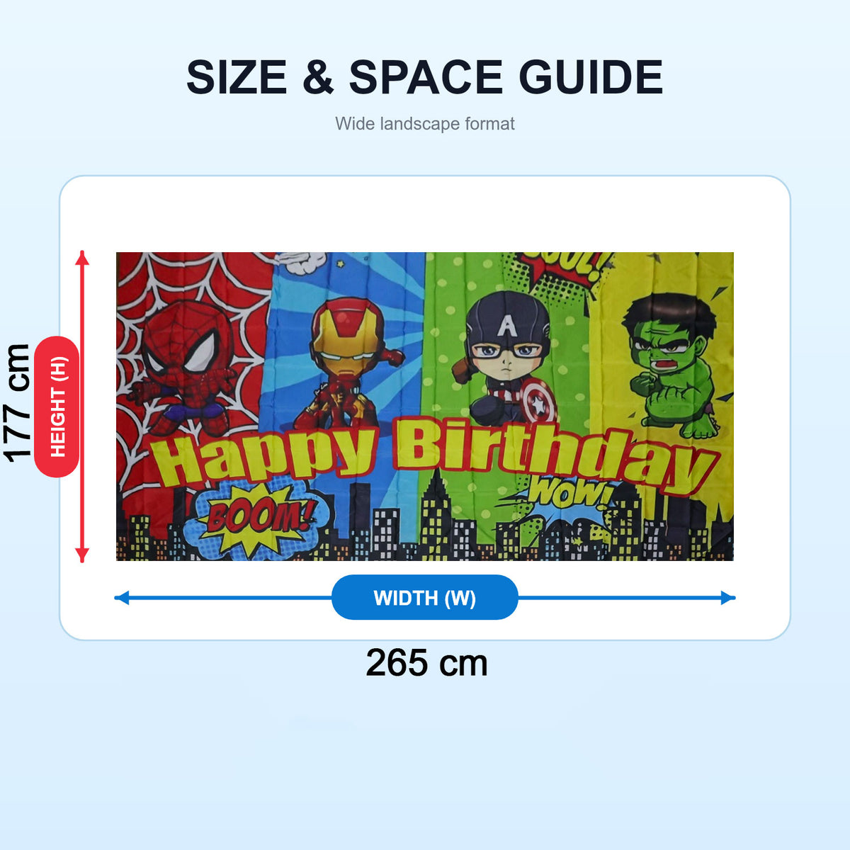 Kids Birthday Party Backdrop Curtain with Cartoon Hero Print (265x117 Cm)