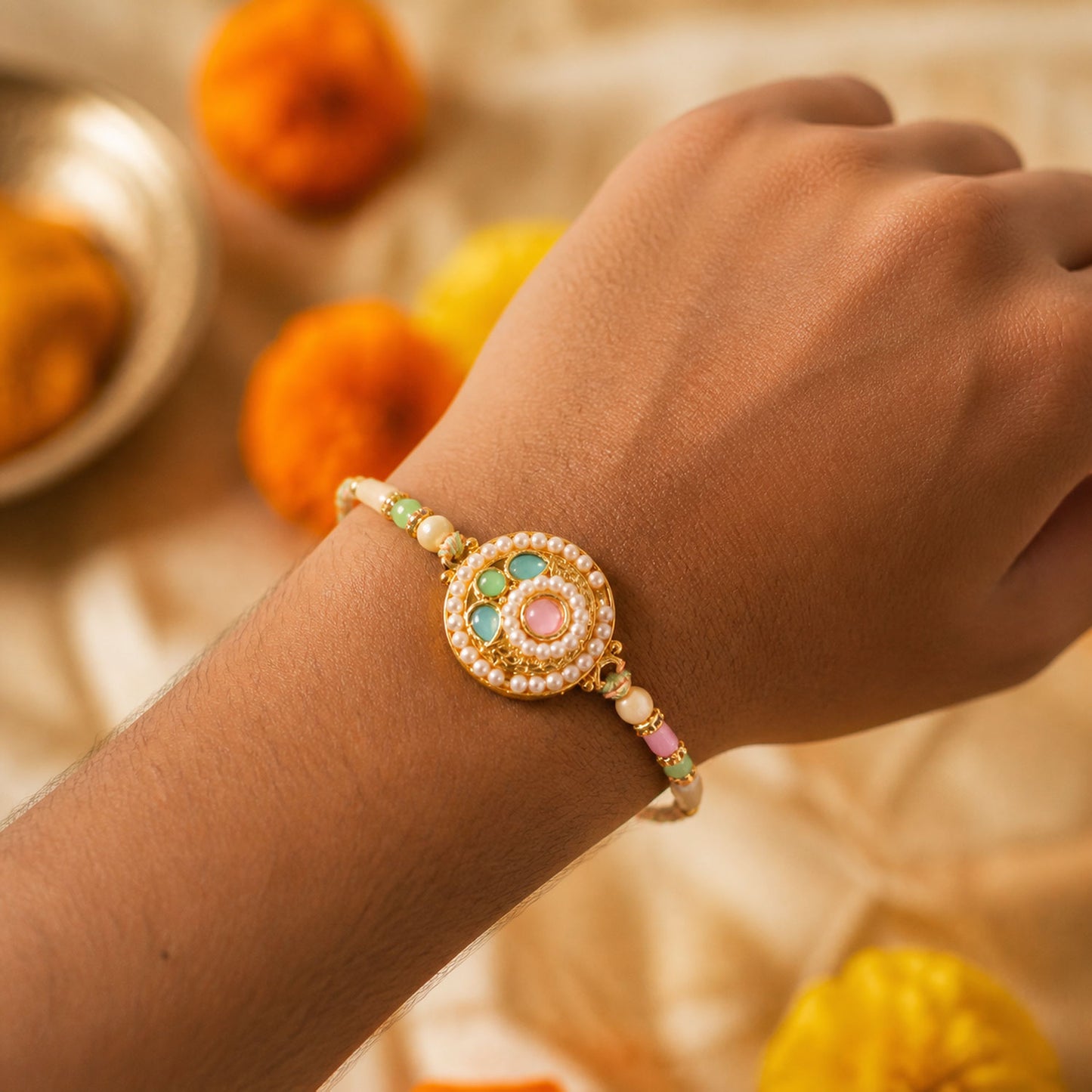 Pearl Bordered Round Pendant Rakhi with Turquoise and Pink Center
