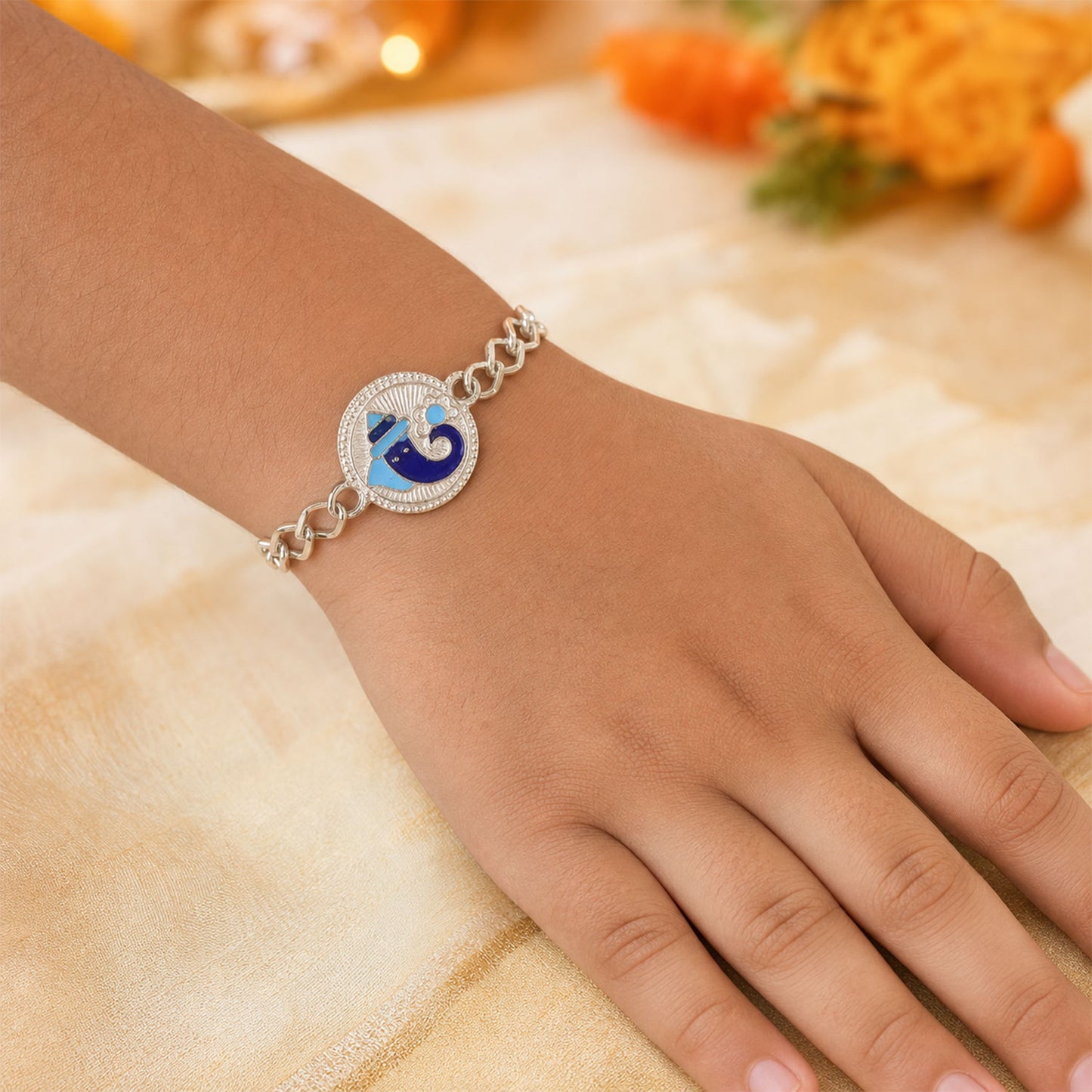 Round Ganesh Motif Enamel Silver Chain Designer Rakhi for Brother