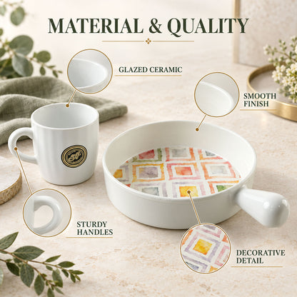 A white ceramic mug and platter with a colorful square pattern are shown with callouts highlighting material and quality