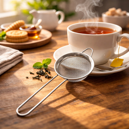 Fine mesh tea strainer ready for use