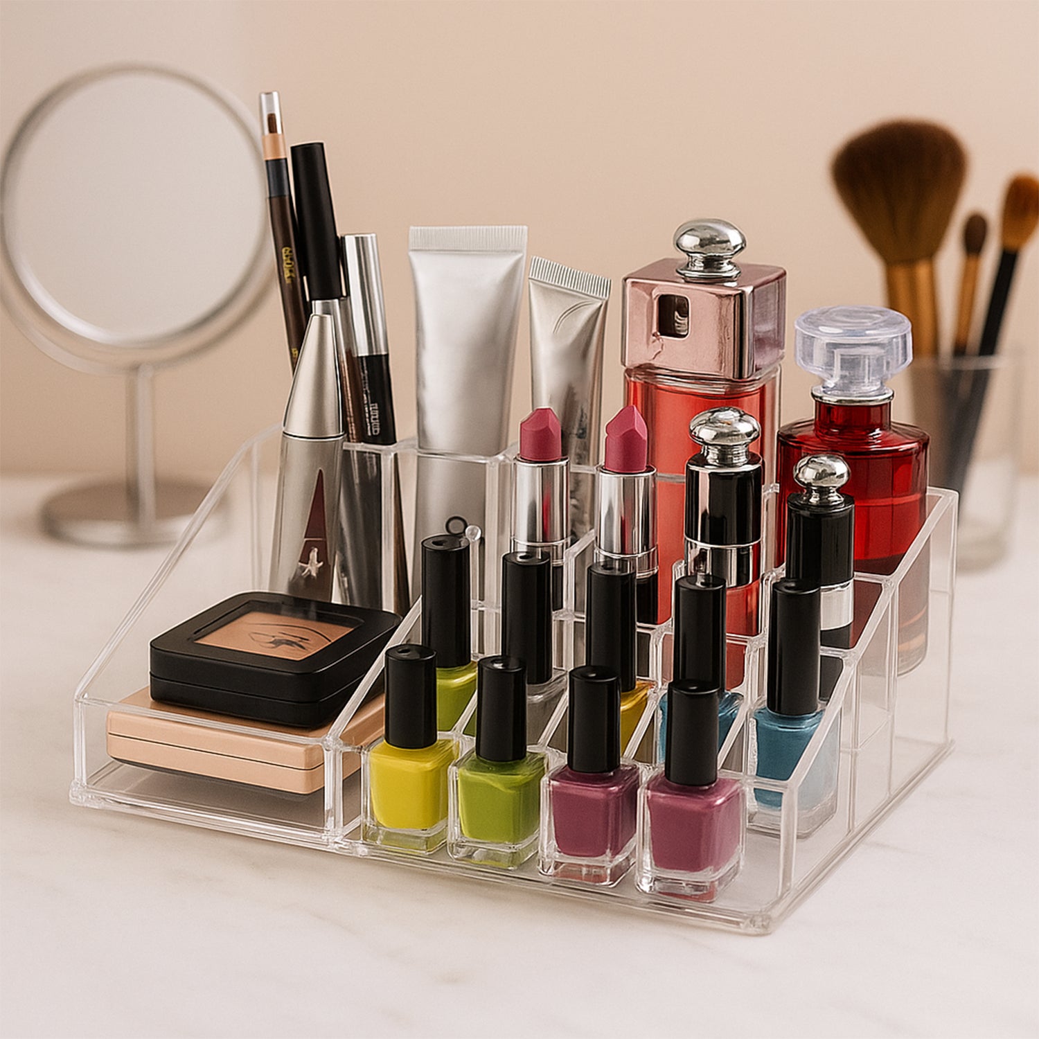 16 Compartment Cosmetic Makeup Jewellery Lipstick Storage Organiser Box, Cosmetic Storage Box Make-up Lipstick Organizer / Lipstick Holder Case  Transparent