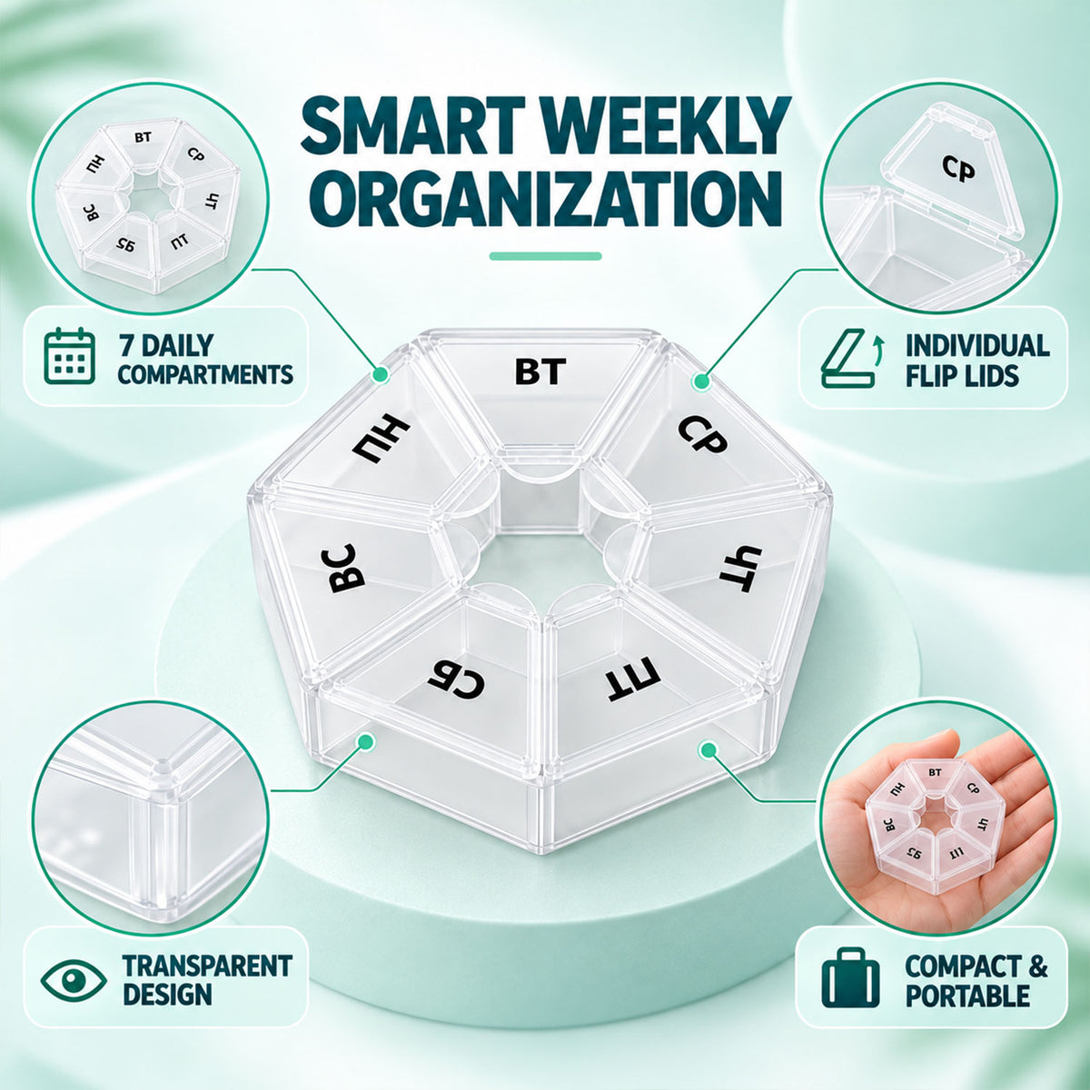 Medicine Pill Box with Clear Flip Lids for Weekly Travel Storage (7 Compartment)