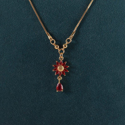 Gold-Plated Red Floral Crystal Pendant Necklace for Women