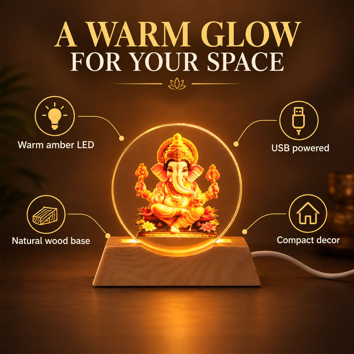 3D Ganesha Acrylic LED Lamp with Warm Golden Glow for Decor (1 Pc)