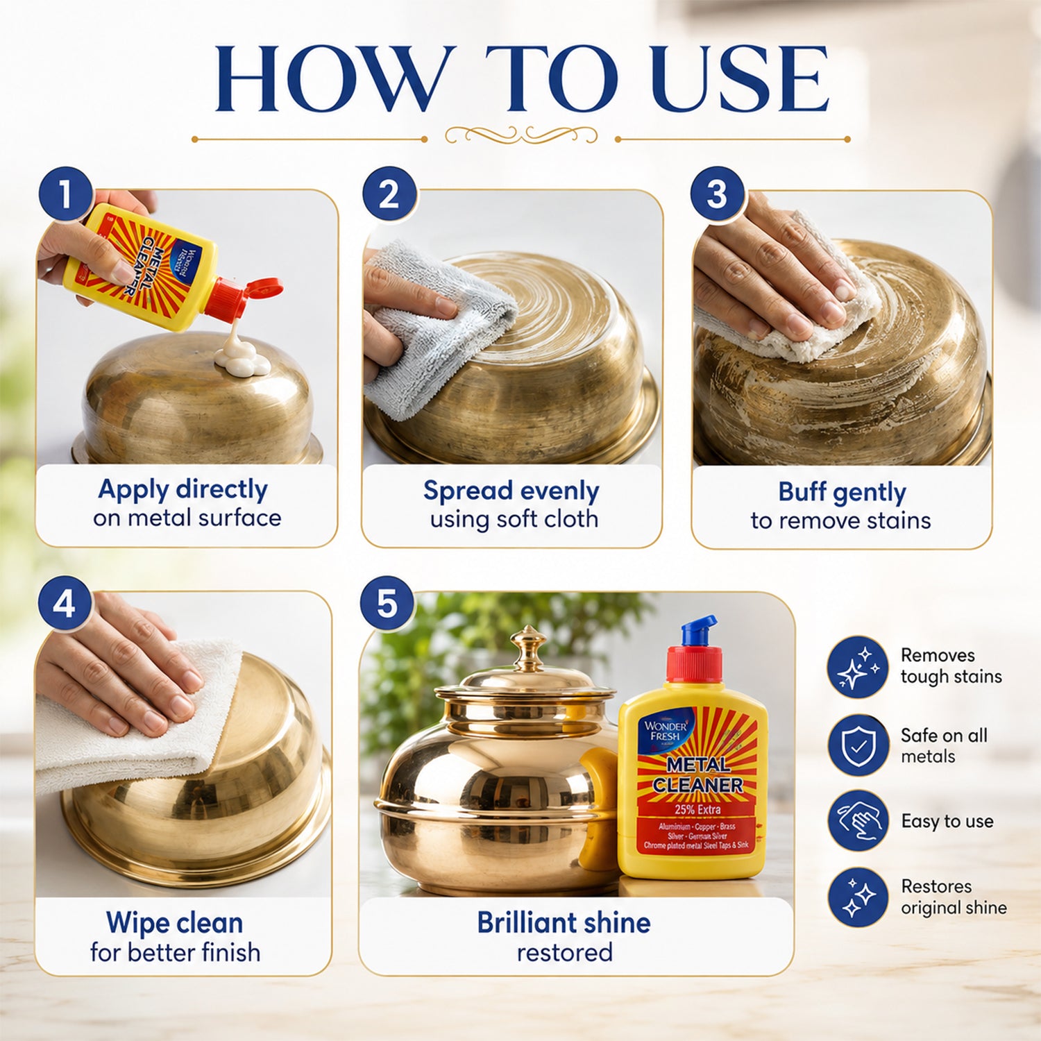 Various metallic objects polished with All Metal Cleaner