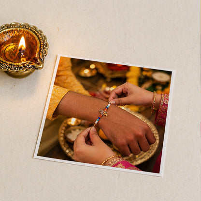 Complete view of Lord Krishna Rakhi showcasing design and beads