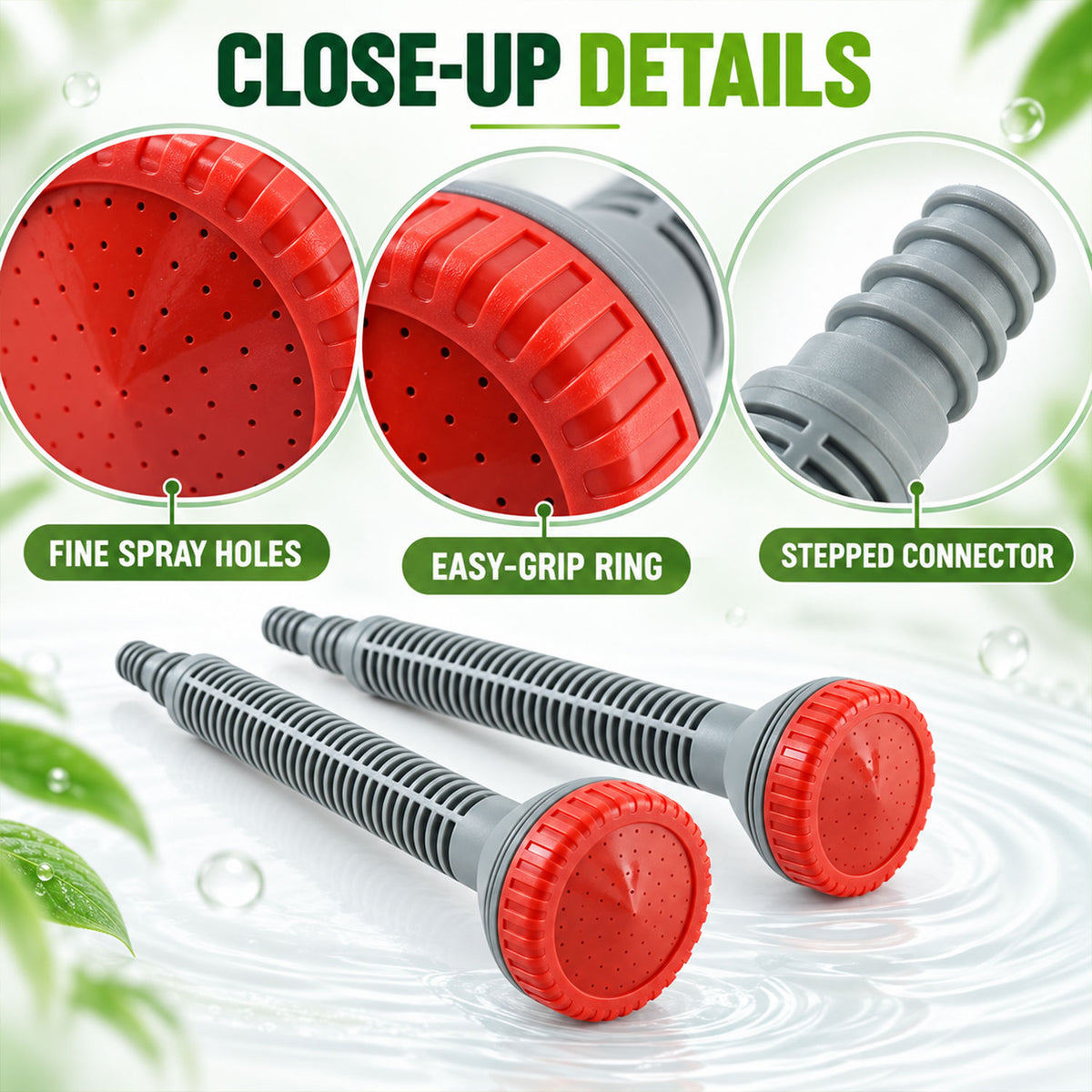Two grey and red watering nozzles sit on a reflective surface, with close-up details of the spray holes, grip, and connector.