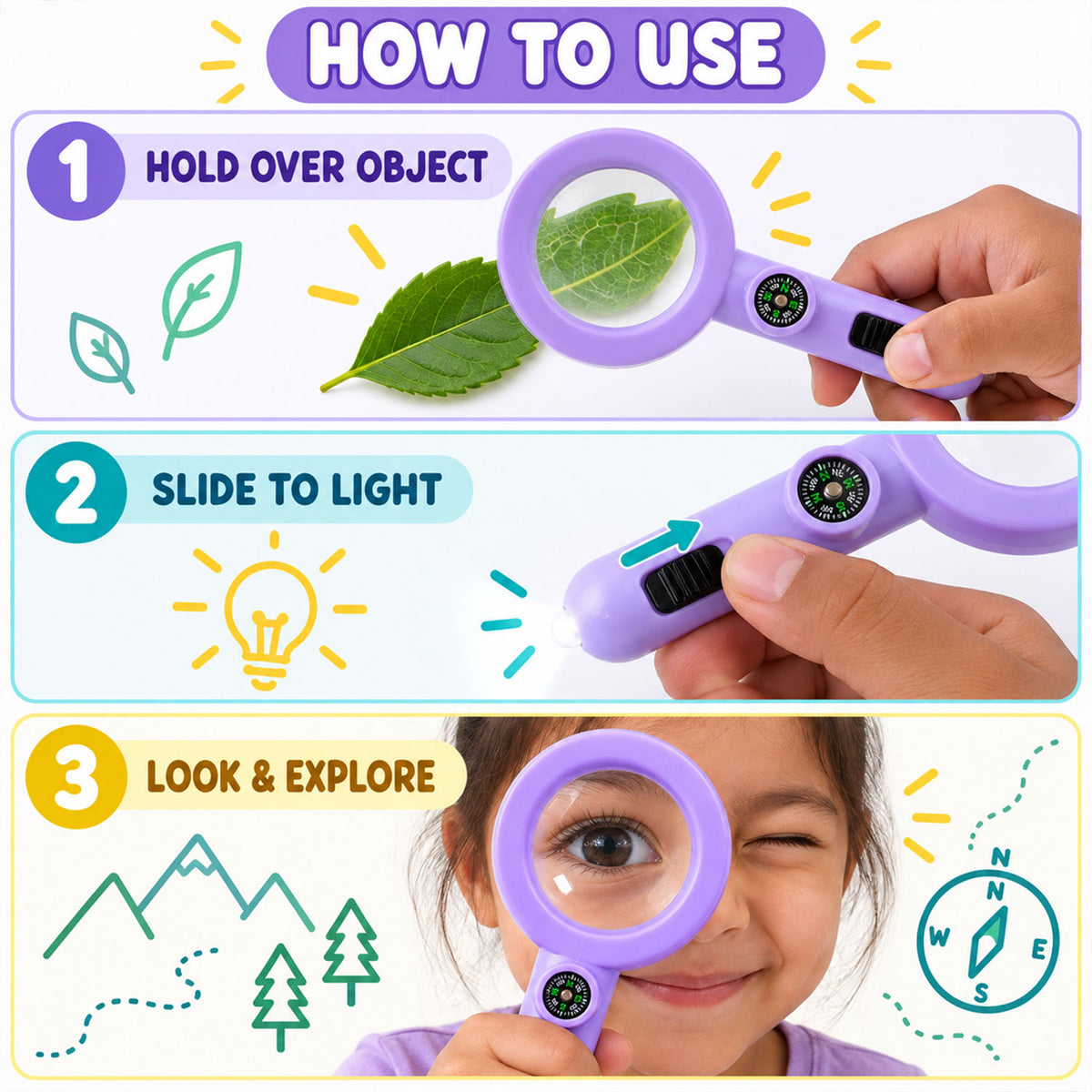 Handheld Magnifying Glass with LED Light and Compass for Nature Exploration (1 Pc)