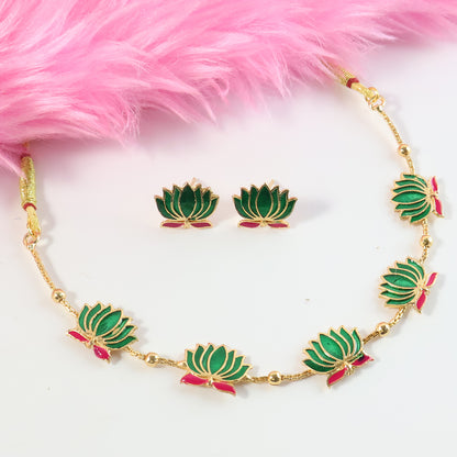 Traditional Green & Lotus Motif Jewellery Set