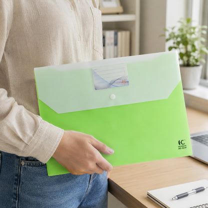 Portable plastic document folder with secure snap button for important papers