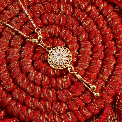 Radiant Gold-Plated Round Pendant Necklace with Dual Hanging Chains for Women