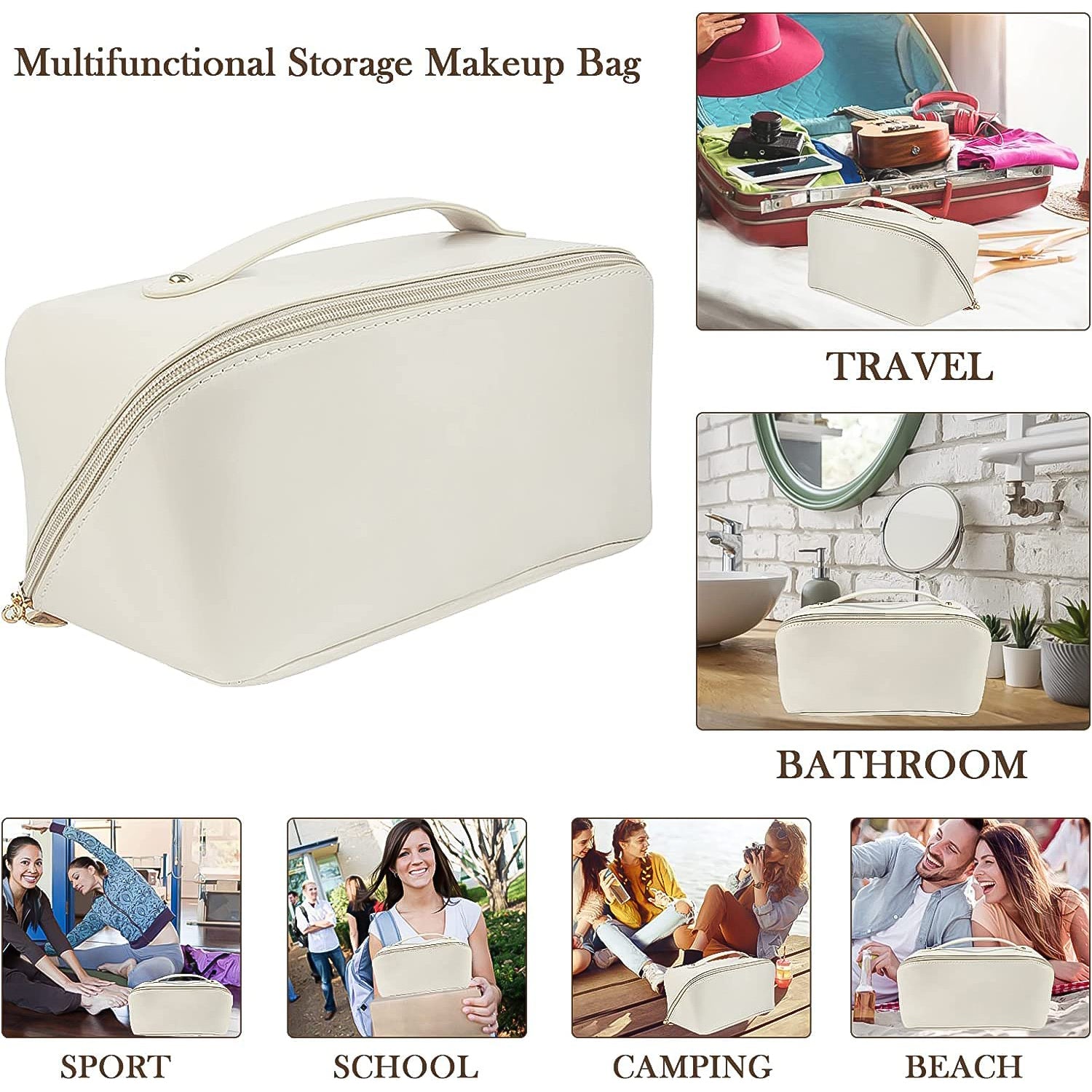 Premium cream travel makeup pouch with compartments and zipper
