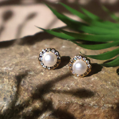 Classic Round Pearl and CZ Stone Stud Earrings for Women