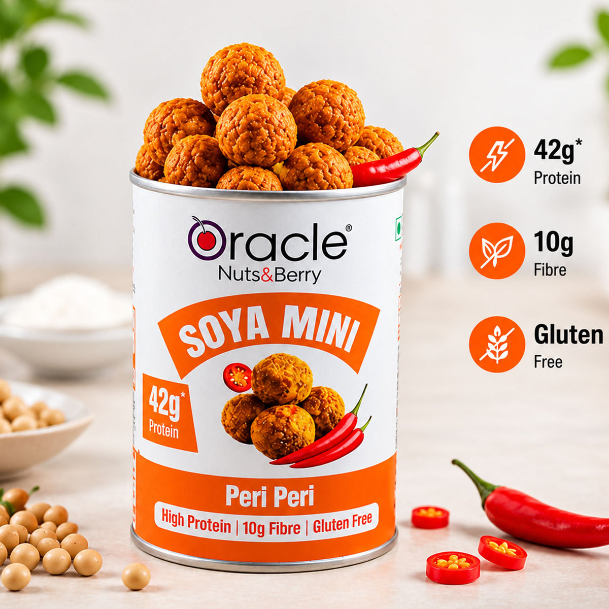 Peri Peri Soya Mini Premium High Protein Spicy Roasted Crunchy Soya Bites (120g)
