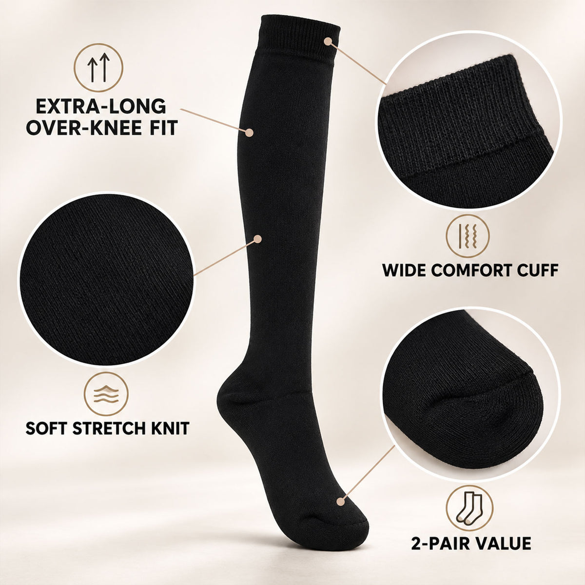 Long Soft Stretchable Over Knee Socks for Everyday Casual Wear and Style (2 Pair)