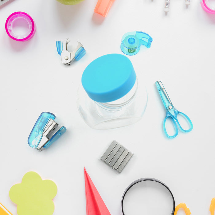 Mini Office Stationery Set -  Stapler, Scissors, Paper Clips, Tape Dispenser, Transparent Tape, And Staples