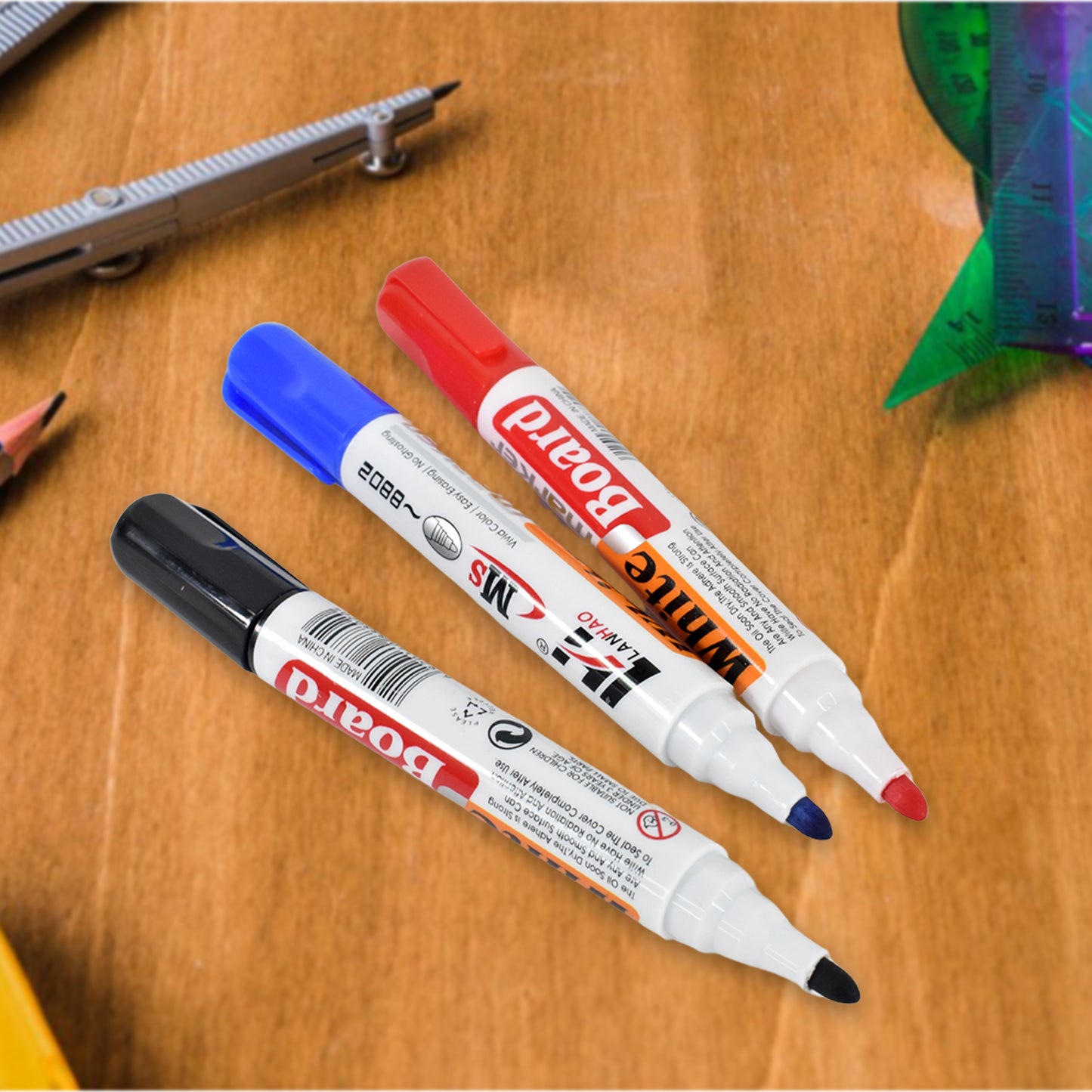 Whiteboard Marker Set (Blue, Black, Red) with Board Duster - Pack of 4