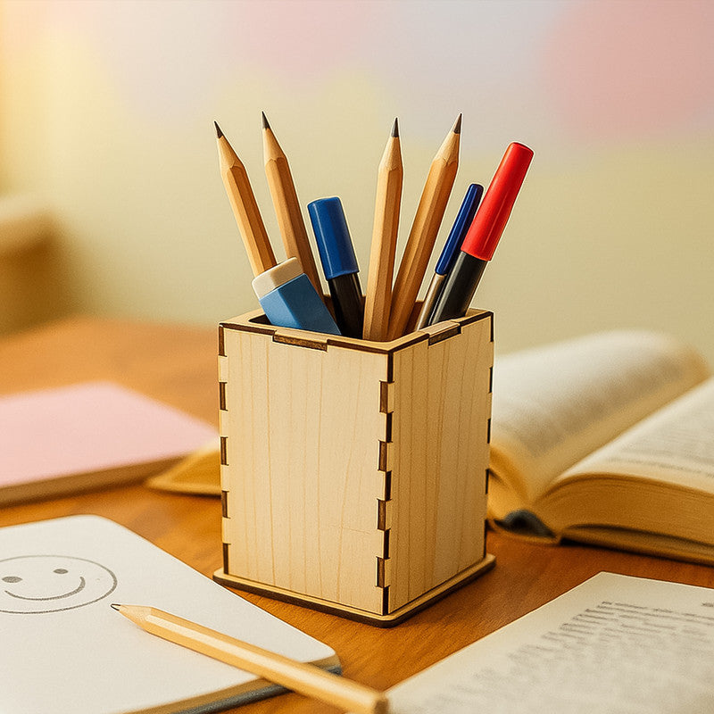Khyati Square Wooden Pen Stand – Elegant Desk Organizer for Office & Study Table