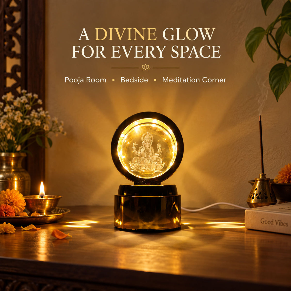 Ganpati Bapa 3D Crystal Ball LED Night Light – Divine Spiritual Glow