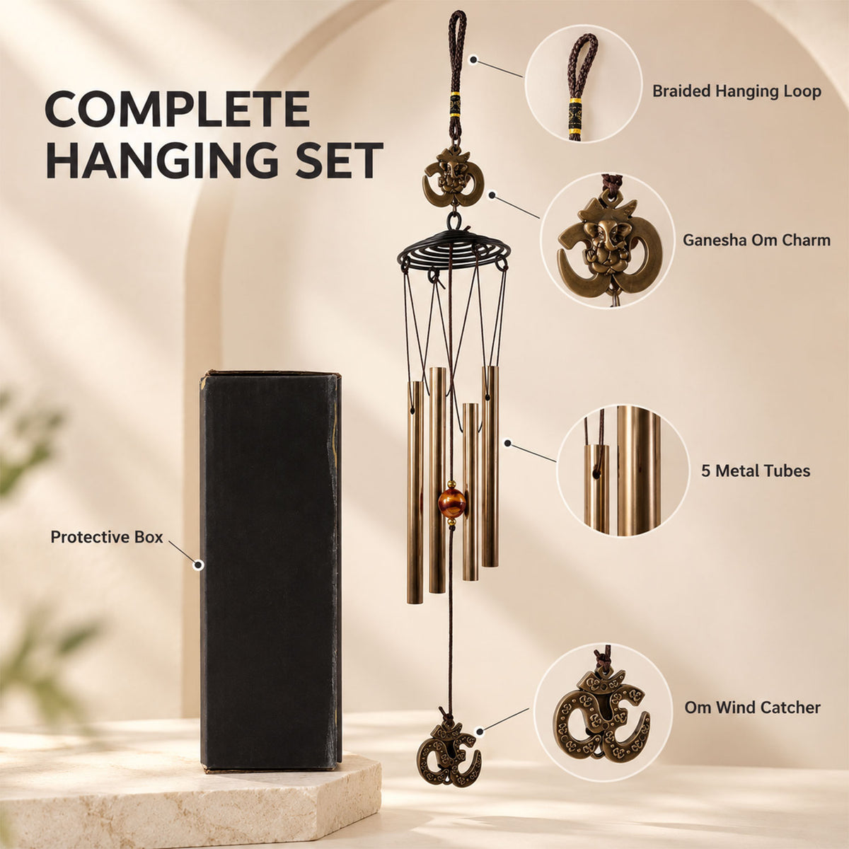 Exploded view of the wind chime components, including a braided loop, Ganesha Om charm, five metal tubes, and Om wind