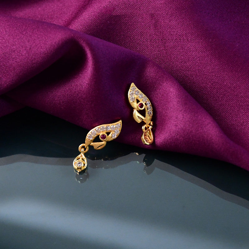 Stylish Leaf Pattern Gold Earrings with Stone Work & Drop Charm