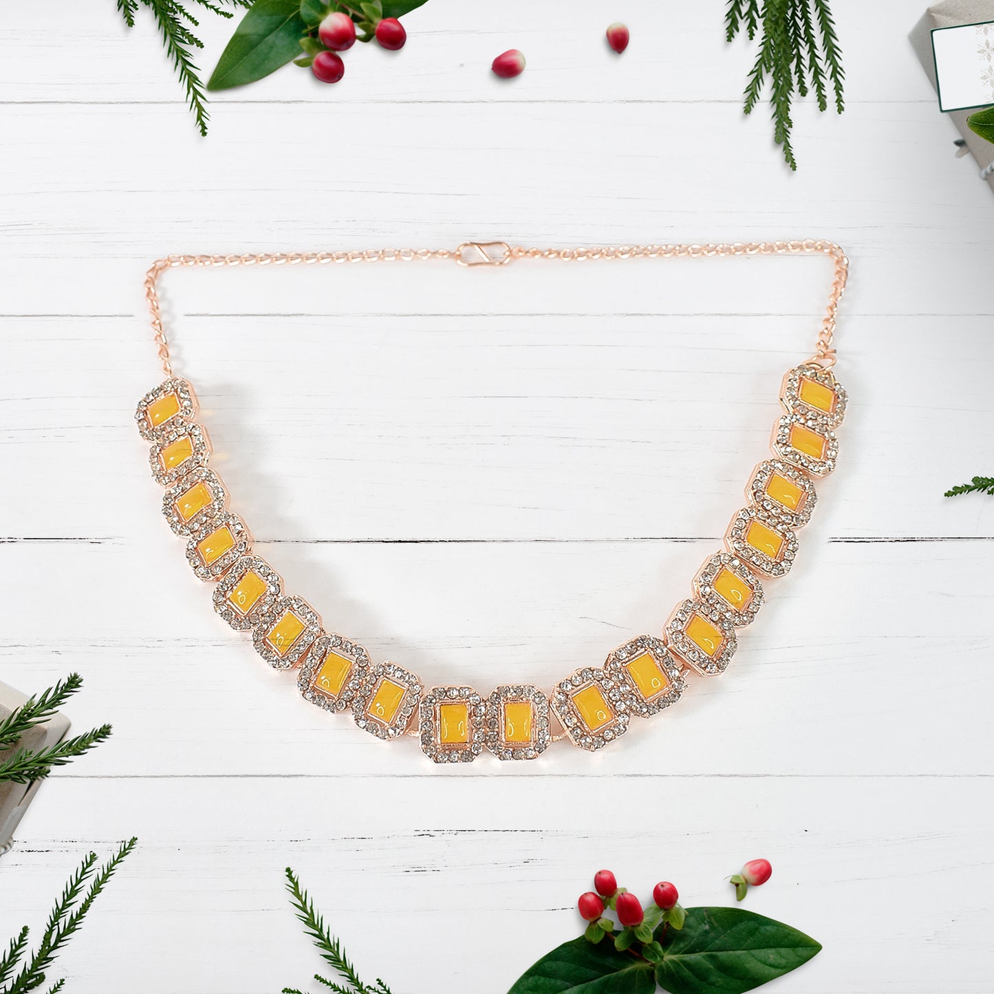 Yellow  American Diamond Studded Jewellery Necklace Set