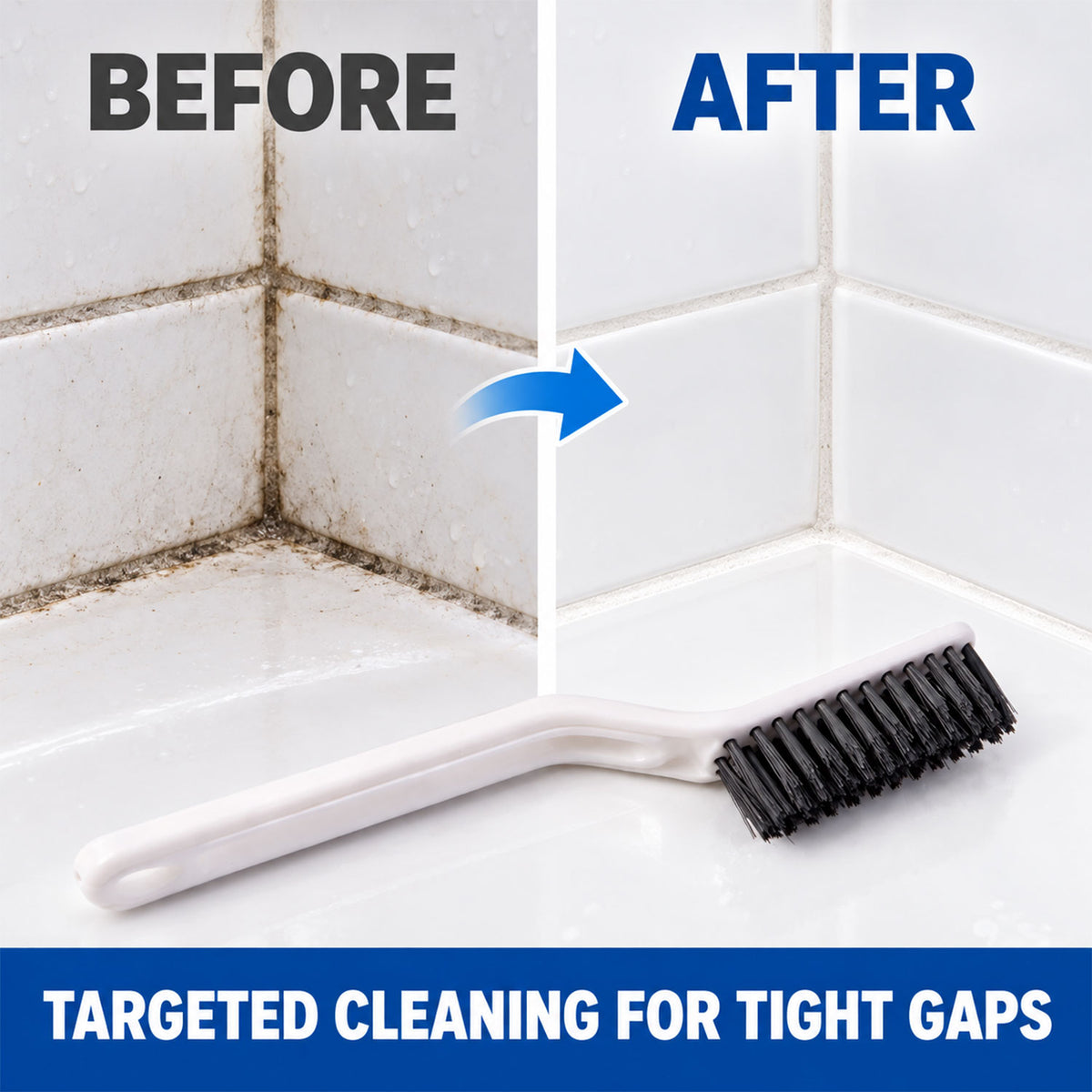 A split image shows a dirty tiled corner before cleaning and a sparkling clean corner after, with a white brush in the